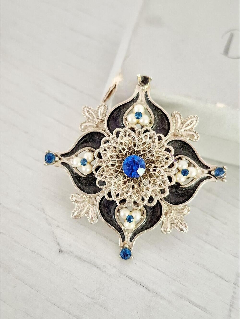 Vintage Silver-Tone Filigree Blue Rhinestone and Faux Pearl Floral Brooch